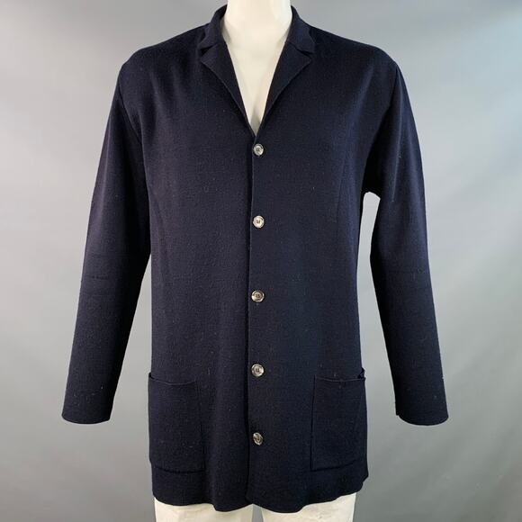BARNEY'S NEW YORK Size L Navy Wool Button Up Cardigan - Picture 1 of 8